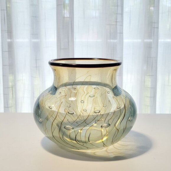 Dabanian Karnig Handblown Art Glass bowl Iridescent Gold & Blue Swirl Design w/T - Picture 1 of 9